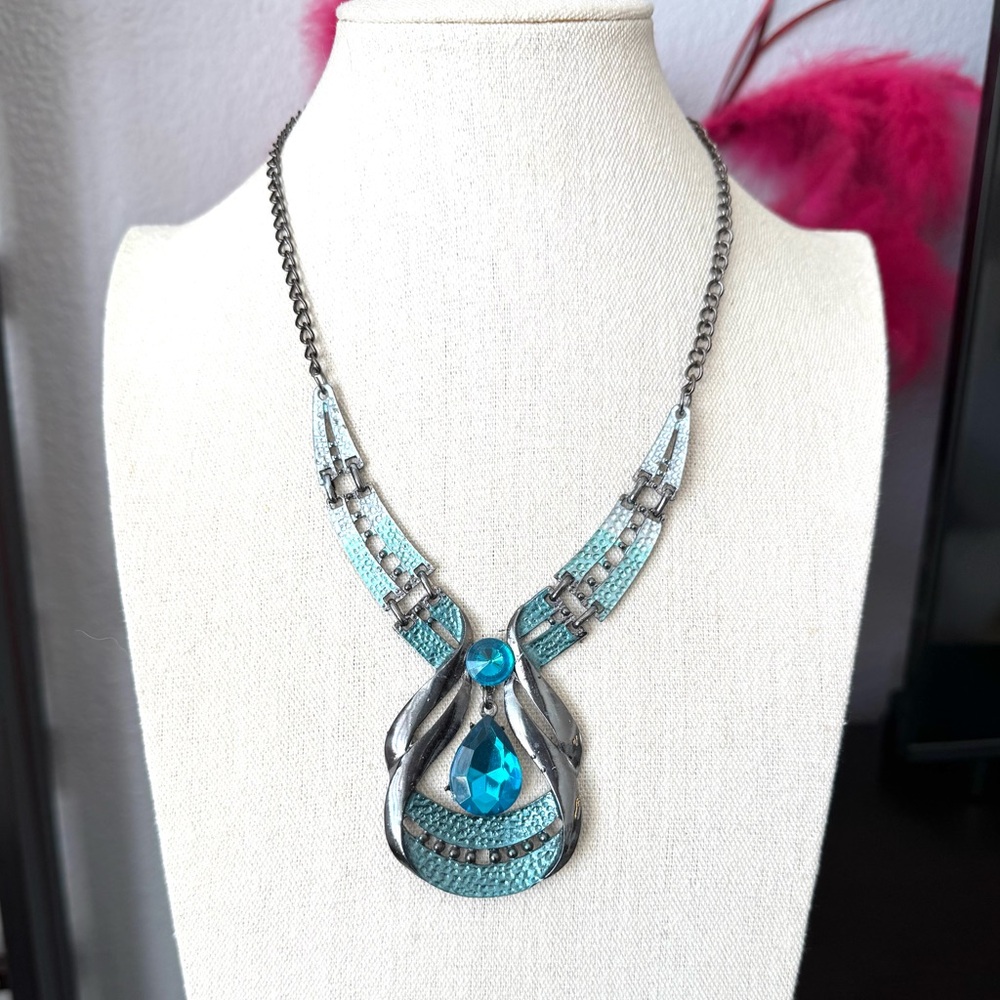 Blue Metal Gem Art Deco Costume Necklace